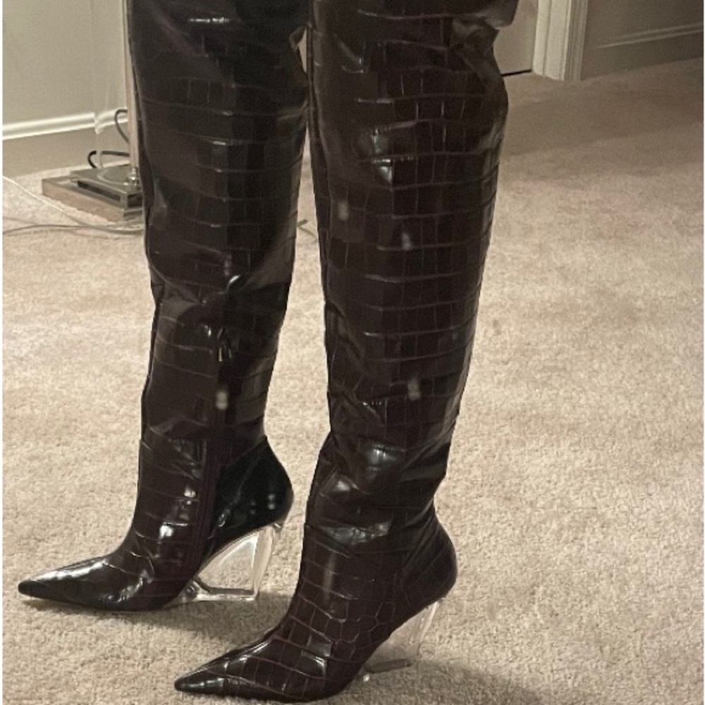 Lucite 100 Wedge Boot Brown Croc Knee High Boots Brand New in the Box